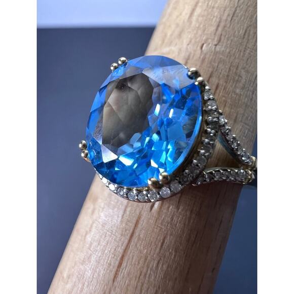 Swiss blue topaz and diamond 10k gold halo ring size 9 - Picture 4 of 11